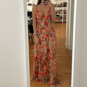 Peach tan floral spring wrap maxi wedding guest dress